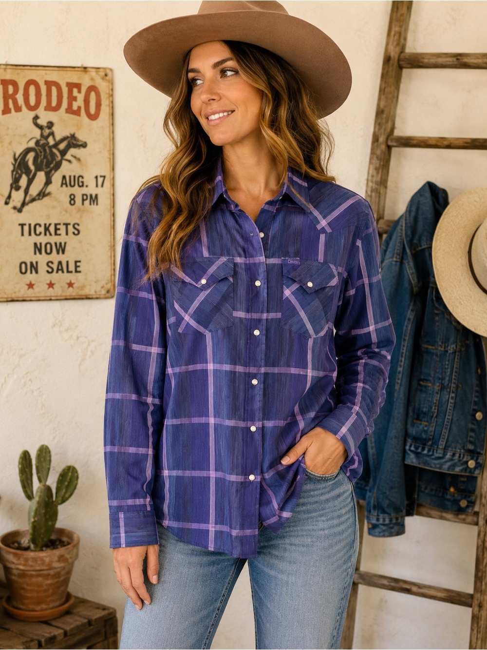Vintage MWG Canada Purple Plaid Pearl Snap Western Shirt M